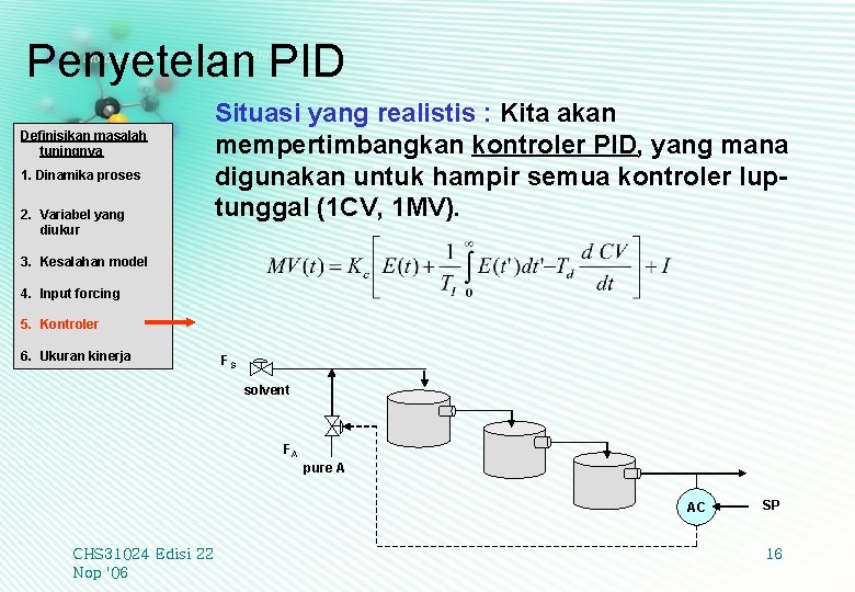 Penyetelan PID Definisikan masalah tuningnya 1. Dinamika proses 2. Variabel yang diukur Situasi yang