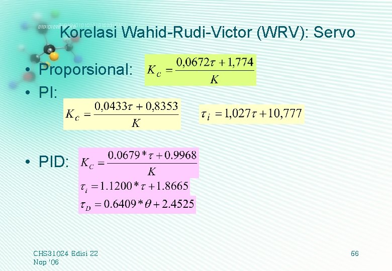 Korelasi Wahid-Rudi-Victor (WRV): Servo • Proporsional: • PID: CHS 31024 Edisi 22 Nop '06
