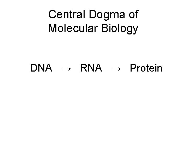 Central Dogma of Molecular Biology DNA → RNA → Protein 