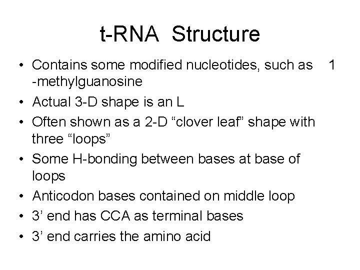 t-RNA Structure • Contains some modified nucleotides, such as 1 -methylguanosine • Actual 3