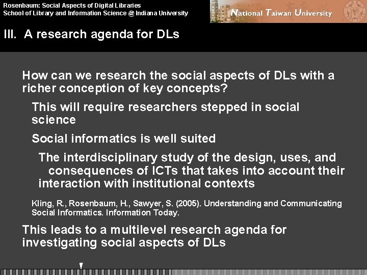 Rosenbaum: Social Aspects of Digital Libraries School of Library and Information Science @ Indiana