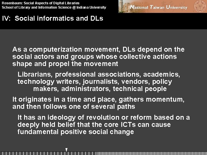 Rosenbaum: Social Aspects of Digital Libraries School of Library and Information Science @ Indiana