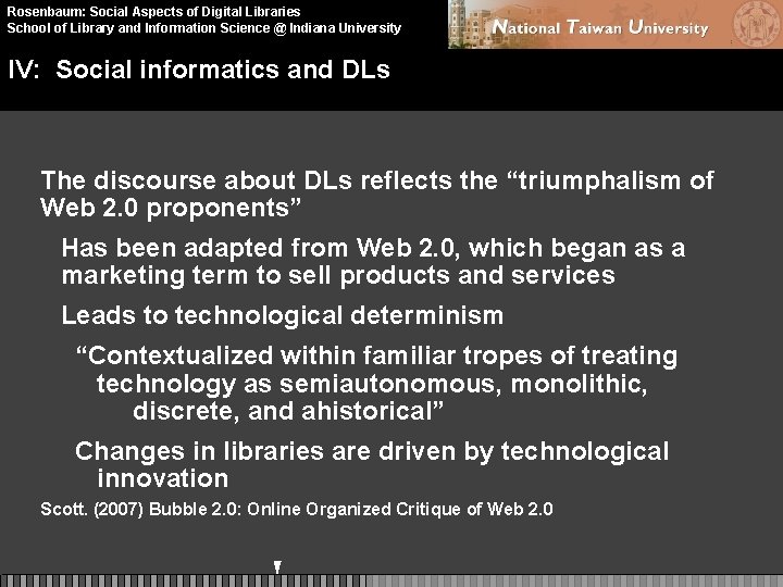 Rosenbaum: Social Aspects of Digital Libraries School of Library and Information Science @ Indiana
