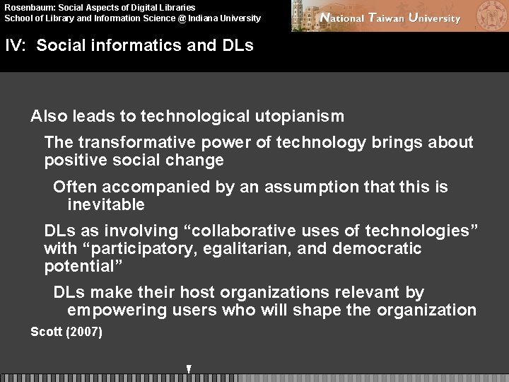 Rosenbaum: Social Aspects of Digital Libraries School of Library and Information Science @ Indiana