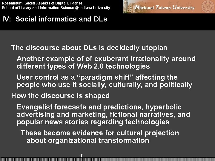 Rosenbaum: Social Aspects of Digital Libraries School of Library and Information Science @ Indiana