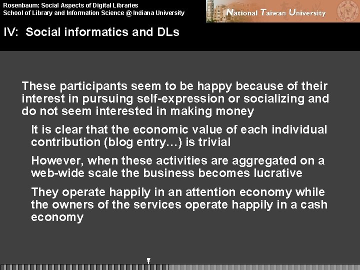 Rosenbaum: Social Aspects of Digital Libraries School of Library and Information Science @ Indiana