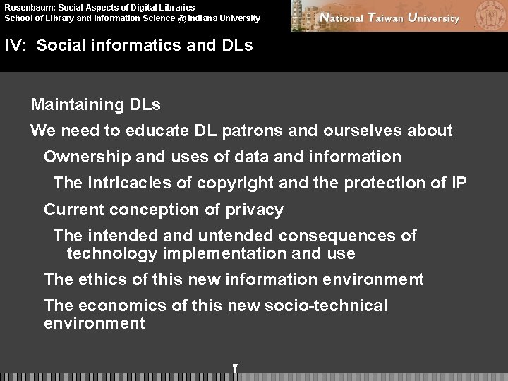 Rosenbaum: Social Aspects of Digital Libraries School of Library and Information Science @ Indiana