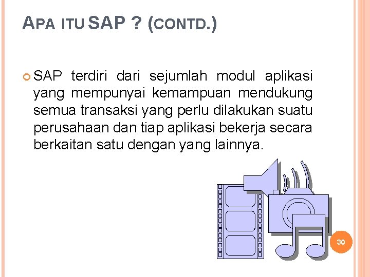 APA ITU SAP ? (CONTD. ) SAP terdiri dari sejumlah modul aplikasi yang mempunyai