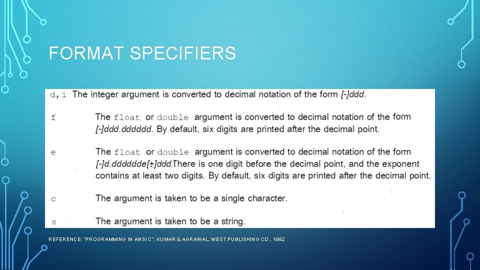 FORMAT SPECIFIERS REFERENCE: “PROGRAMMING IN ANSI C”, KUMAR & AGRAWAL, WEST PUBLISHING CO. , FORMAT SPECIFIERS REFERENCE: “PROGRAMMING IN ANSI C”, KUMAR & AGRAWAL, WEST PUBLISHING CO. ,