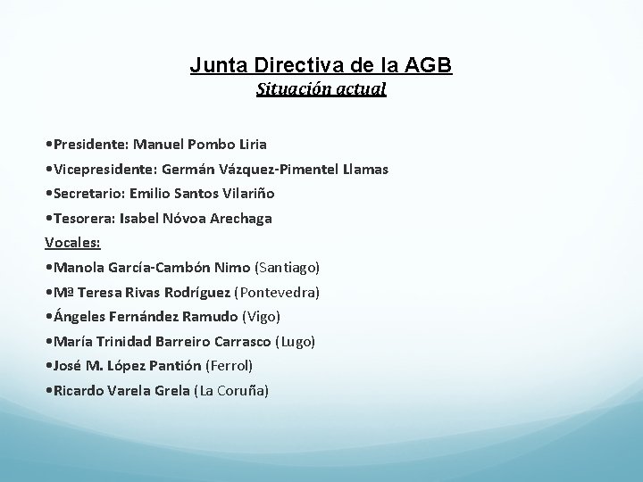 Junta Directiva de la AGB Situación actual • Presidente: Manuel Pombo Liria • Vicepresidente: