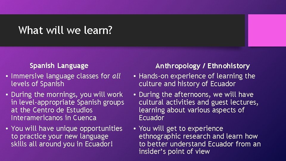 What will we learn? Spanish Language • Immersive language classes for all levels of