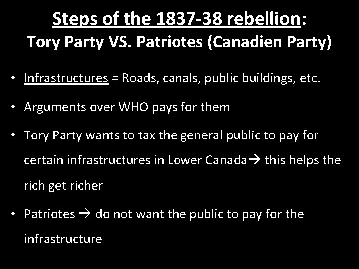 Steps of the 1837 -38 rebellion: Tory Party VS. Patriotes (Canadien Party) • Infrastructures