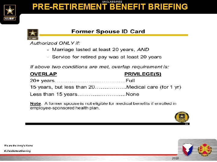 UNCLASSIFIED PRE-RETIREMENT BENEFIT BRIEFING We are the Army's Home #Lifeis. Betterat. Benning 2020 