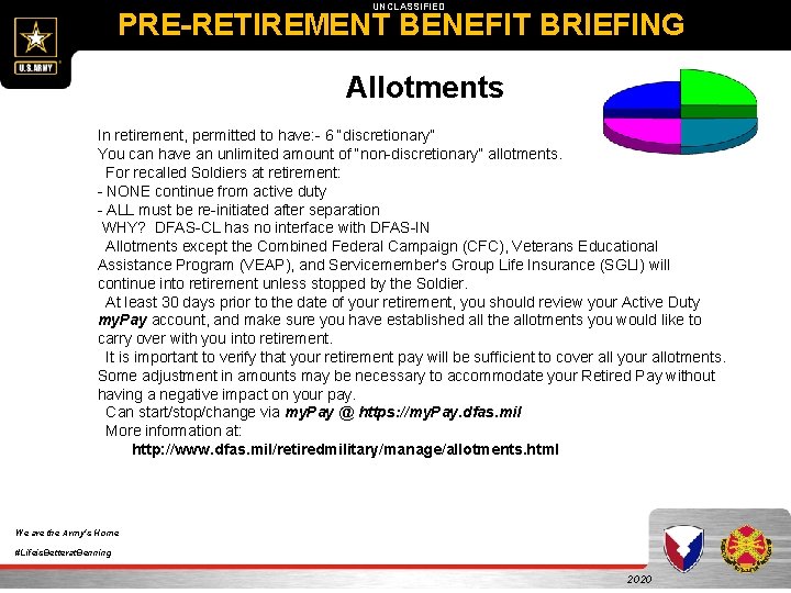 UNCLASSIFIED PRE-RETIREMENT BENEFIT BRIEFING Allotments In retirement, permitted to have: - 6 “discretionary” You