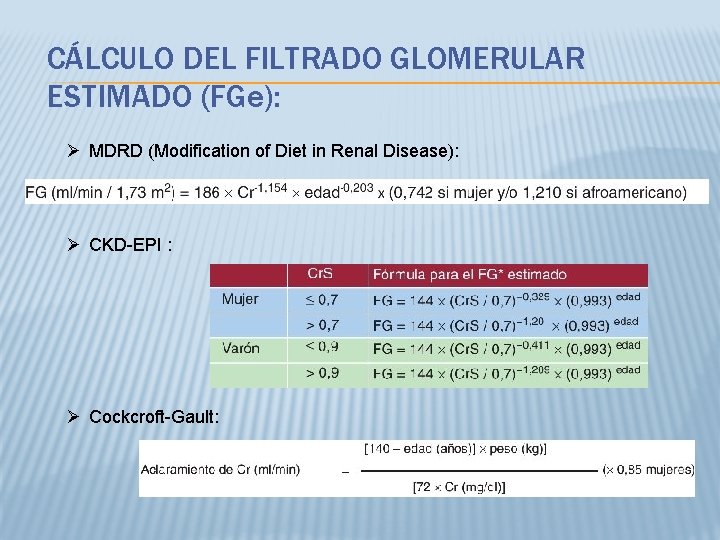 CÁLCULO DEL FILTRADO GLOMERULAR ESTIMADO (FGe): Ø MDRD (Modification of Diet in Renal Disease):