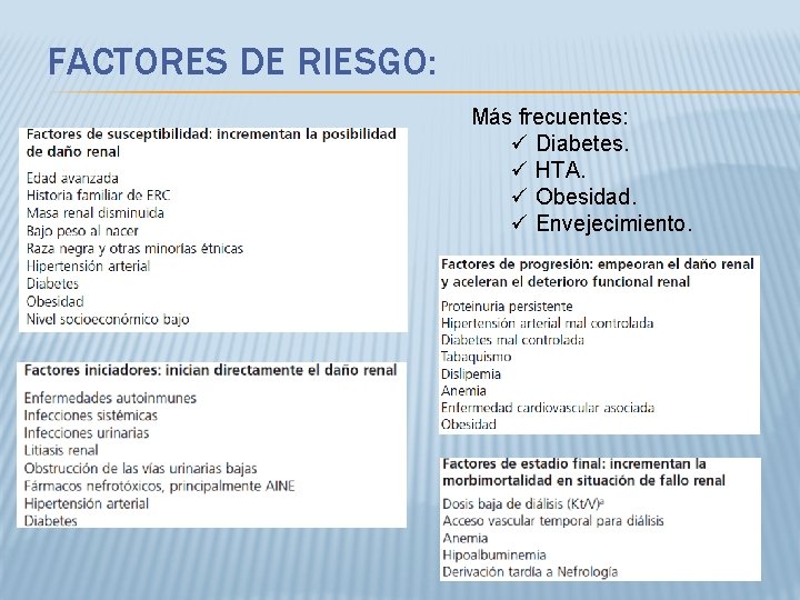 FACTORES DE RIESGO: Más frecuentes: ü Diabetes. ü HTA. ü Obesidad. ü Envejecimiento. 