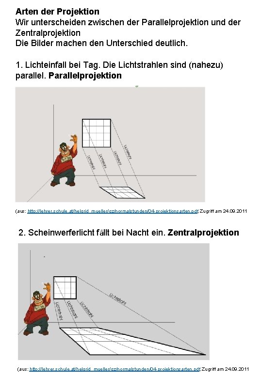 Arten der Projektion Wir unterscheiden zwischen der Parallelprojektion und der Zentralprojektion Die Bilder machen