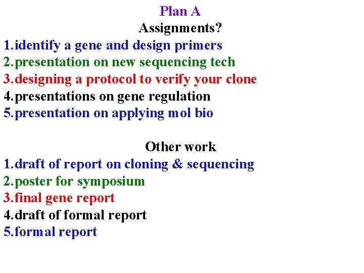 Plan A Assignments? 1. identify a gene and design primers 2. presentation on new