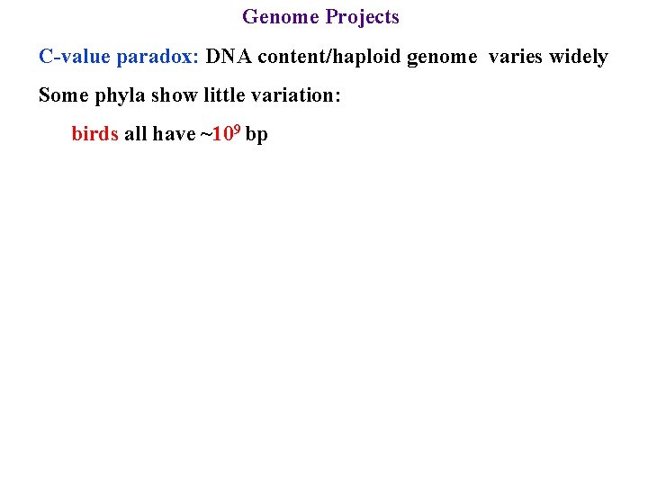 Genome Projects C-value paradox: DNA content/haploid genome varies widely Some phyla show little variation: