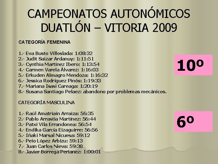 CAMPEONATOS AUTONÓMICOS DUATLÓN – VITORIA 2009 CATEGORÍA FEMENINA 1. - Eva Busto Villoslada: 1: