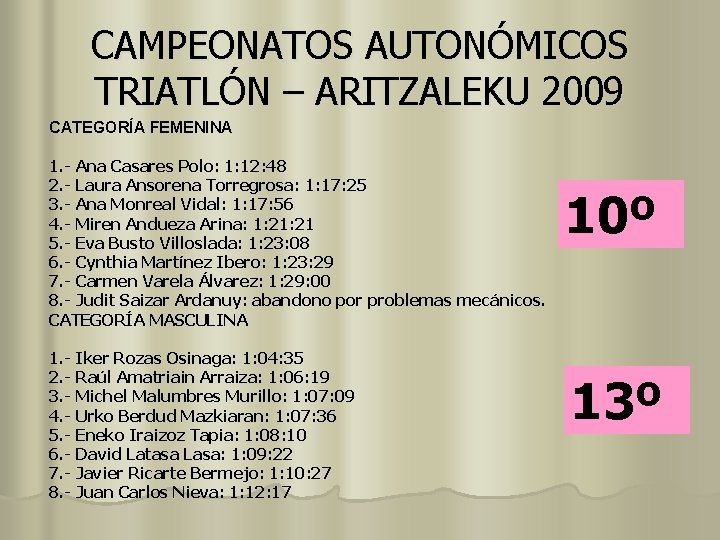 CAMPEONATOS AUTONÓMICOS TRIATLÓN – ARITZALEKU 2009 CATEGORÍA FEMENINA 1. - Ana Casares Polo: 1: