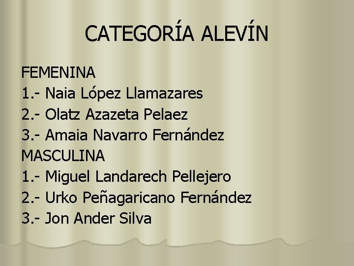 CATEGORÍA ALEVÍN FEMENINA 1. - Naia López Llamazares 2. - Olatz Azazeta Pelaez 3.
