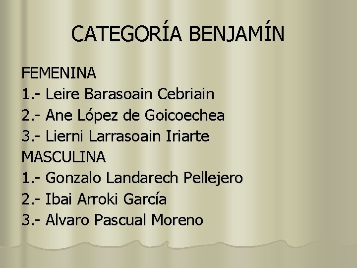 CATEGORÍA BENJAMÍN FEMENINA 1. - Leire Barasoain Cebriain 2. - Ane López de Goicoechea