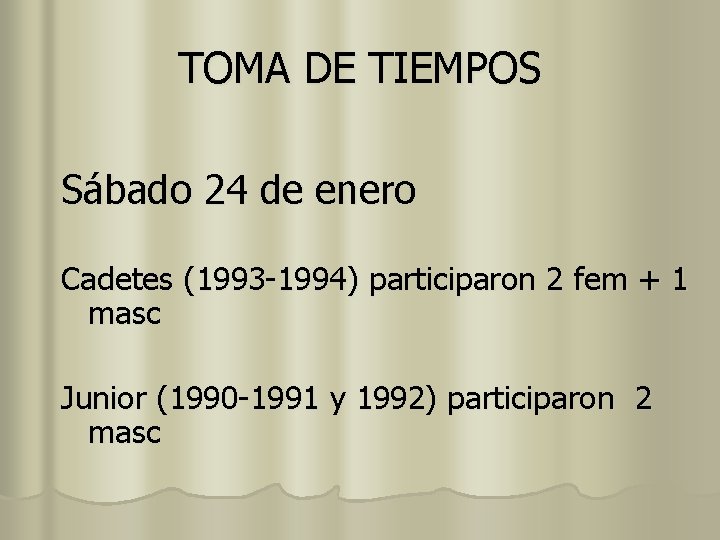 TOMA DE TIEMPOS Sábado 24 de enero Cadetes (1993 -1994) participaron 2 fem +