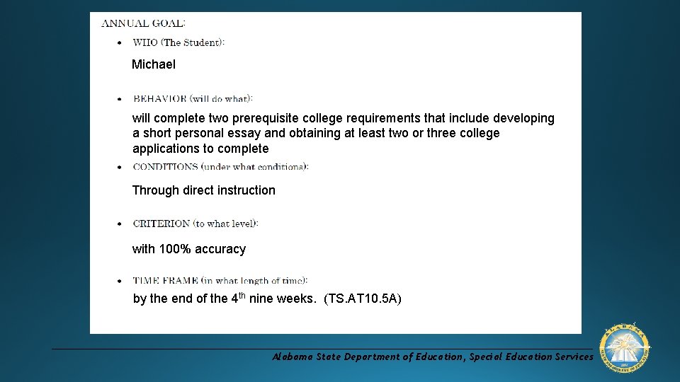 Michael will complete two prerequisite college requirements that include developing a short personal essay