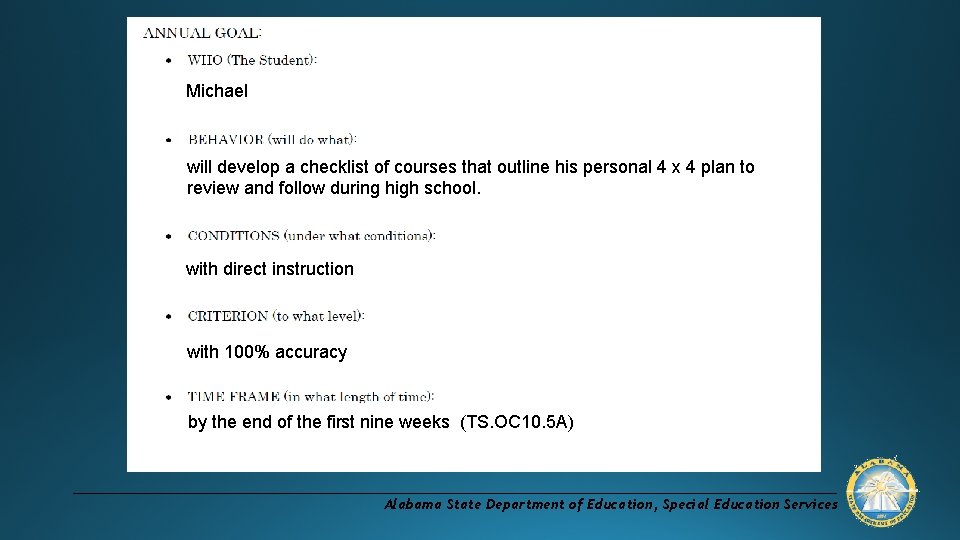 Michael will develop a checklist of courses that outline his personal 4 x 4