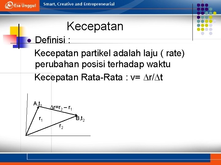 Kecepatan l Definisi : Kecepatan partikel adalah laju ( rate) perubahan posisi terhadap waktu