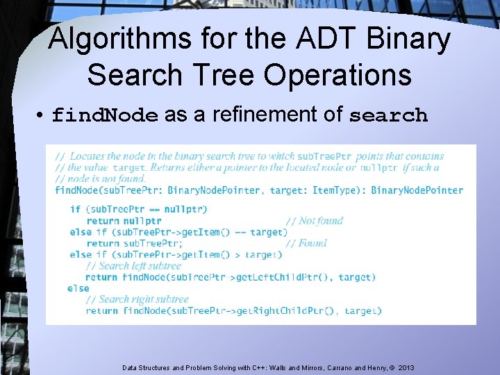 Algorithms for the ADT Binary Search Tree Operations • find. Node as a refinement Algorithms for the ADT Binary Search Tree Operations • find. Node as a refinement