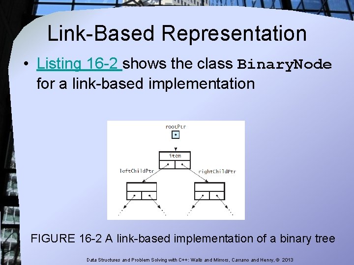 Link-Based Representation • Listing 16 -2 shows the class Binary. Node for a link-based Link-Based Representation • Listing 16 -2 shows the class Binary. Node for a link-based