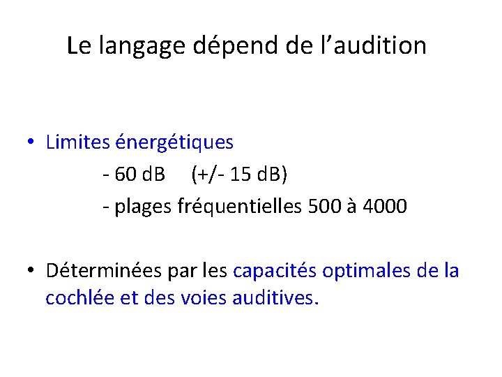 Le langage dépend de l’audition • Limites énergétiques - 60 d. B (+/- 15