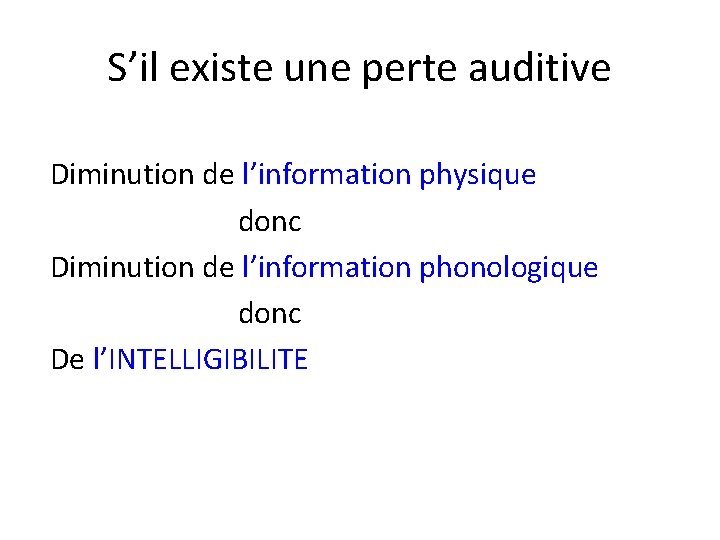 S’il existe une perte auditive Diminution de l’information physique donc Diminution de l’information phonologique