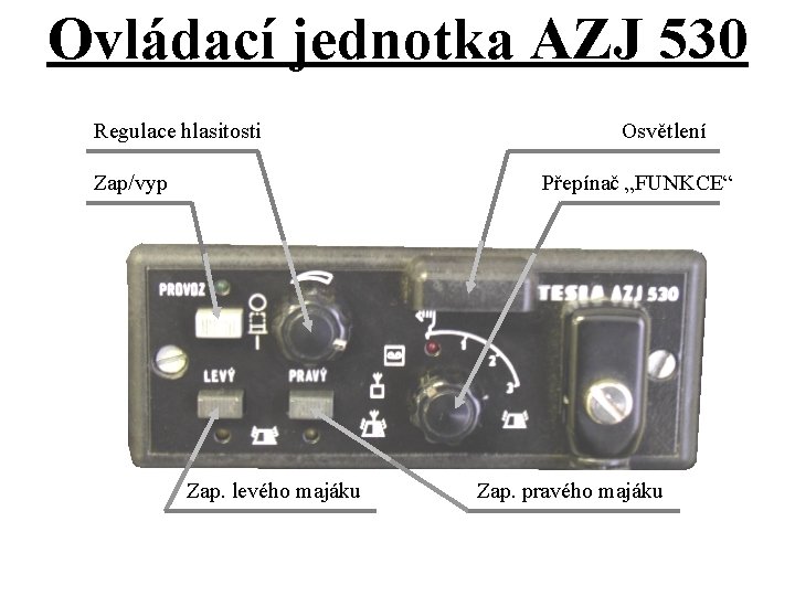 Ovládací jednotka AZJ 530 Regulace hlasitosti Zap/vyp Osvětlení Přepínač „FUNKCE“ Zap. levého majáku Zap.