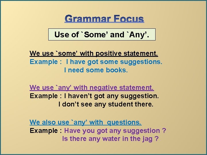 Use of `Some’ and `Any’. We use `some’ with positive statement. Example : I