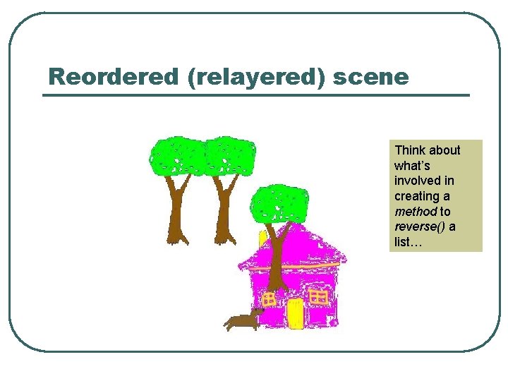 Reordered (relayered) scene Think about what’s involved in creating a method to reverse() a