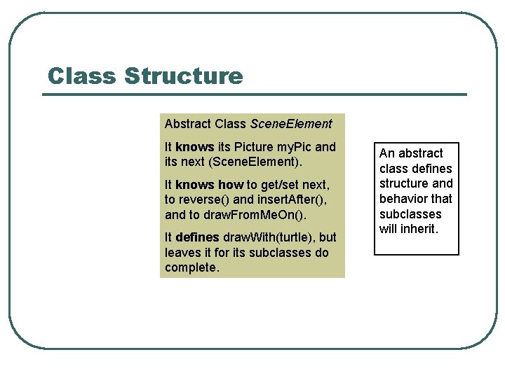 Class Structure Abstract Class Scene. Element It knows its Picture my. Pic and its