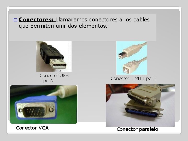 � Conectores: Llamaremos conectores a los cables que permiten unir dos elementos. Conector USB