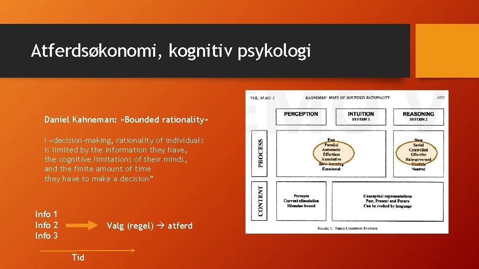 Atferdsøkonomi, kognitiv psykologi Daniel Kahneman: «Bounded rationality» I «decision-making, rationality of individuals is limited