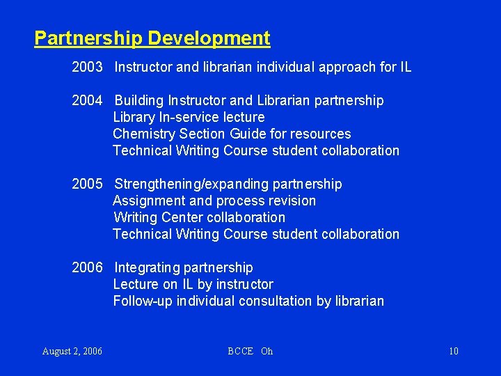 Partnership Development 2003 Instructor and librarian individual approach for IL 2004 Building Instructor and