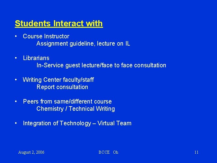 Students Interact with • Course Instructor Assignment guideline, lecture on IL • Librarians In-Service