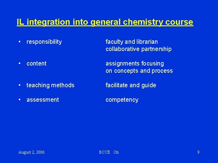 IL integration into general chemistry course • responsibility faculty and librarian collaborative partnership •