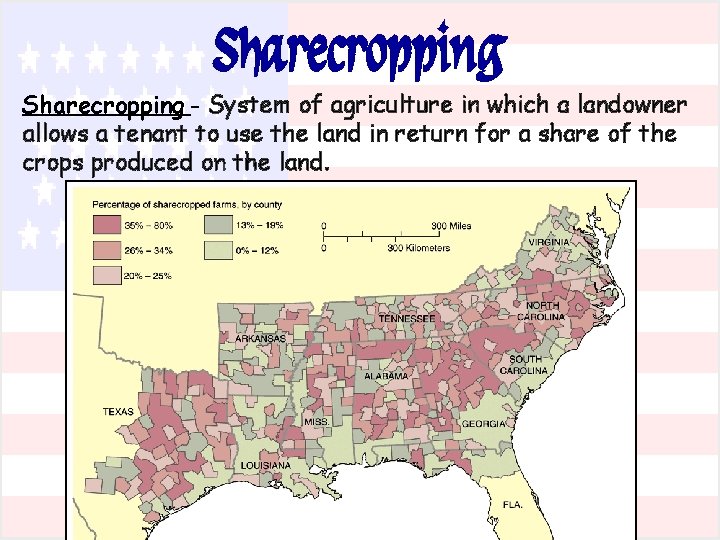 Sharecropping - System of agriculture in which a landowner allows a tenant to use