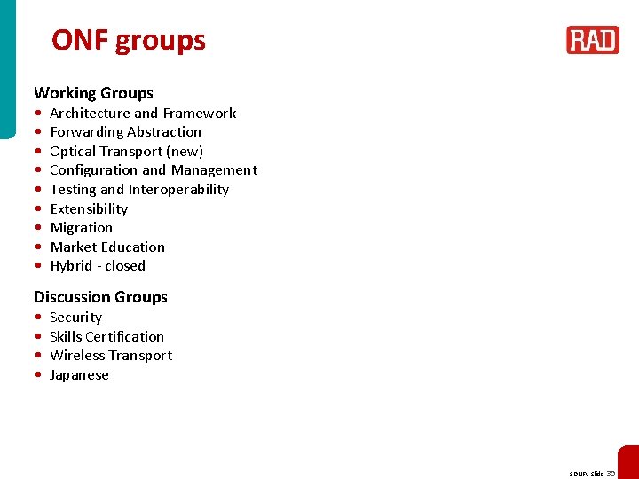 ONF groups Working Groups • • • Architecture and Framework Forwarding Abstraction Optical Transport