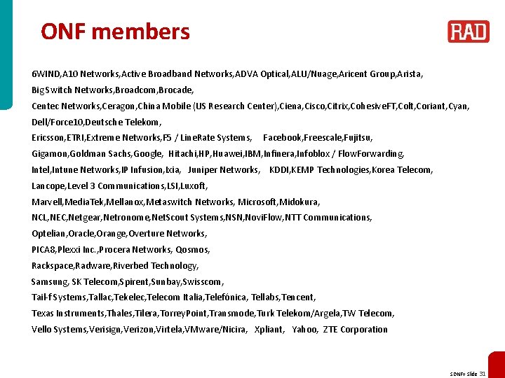 ONF members 6 WIND, A 10 Networks, Active Broadband Networks, ADVA Optical, ALU/Nuage, Aricent