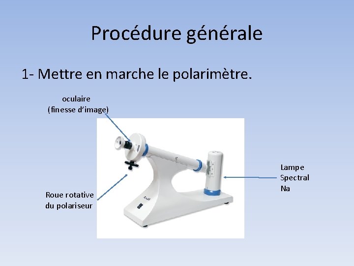 Procédure générale 1 - Mettre en marche le polarimètre. oculaire (finesse d’image) Roue rotative