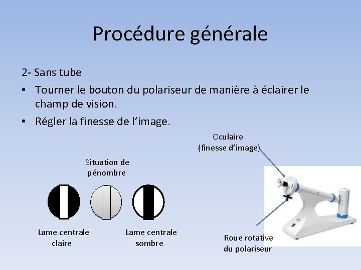Procédure générale 2 - Sans tube • Tourner le bouton du polariseur de manière