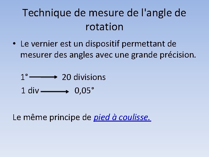Technique de mesure de l'angle de rotation • Le vernier est un dispositif permettant